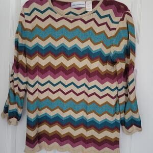 Alfred Dunner Chic Multi Colored Chevron Sweater Scalloped Long Sleeves and Hem